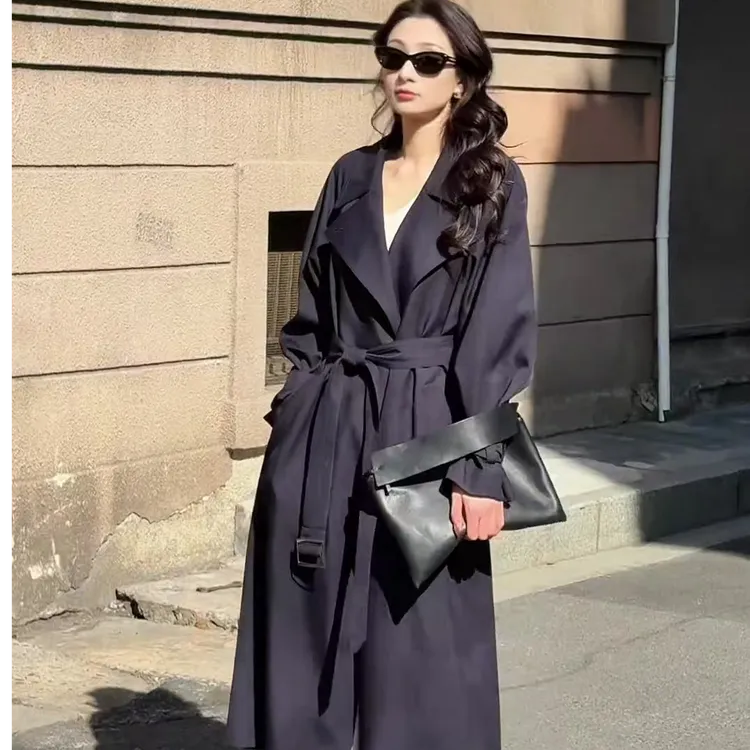藏青色风衣外套女加长款2025新款春秋韩系高个子高级感英伦风大衣