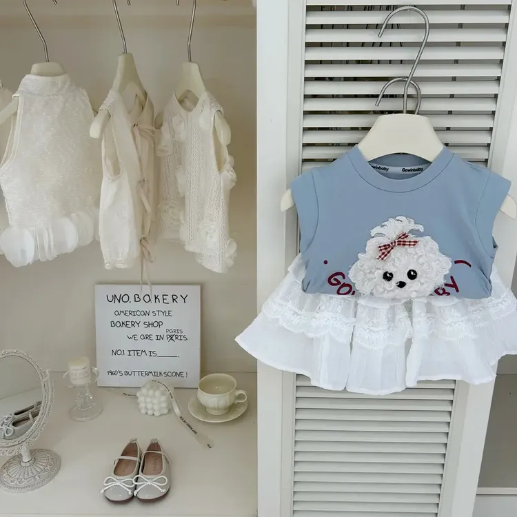 女童夏季新款蓝色小狗T恤上衣白色蕾丝半身裙两件套装