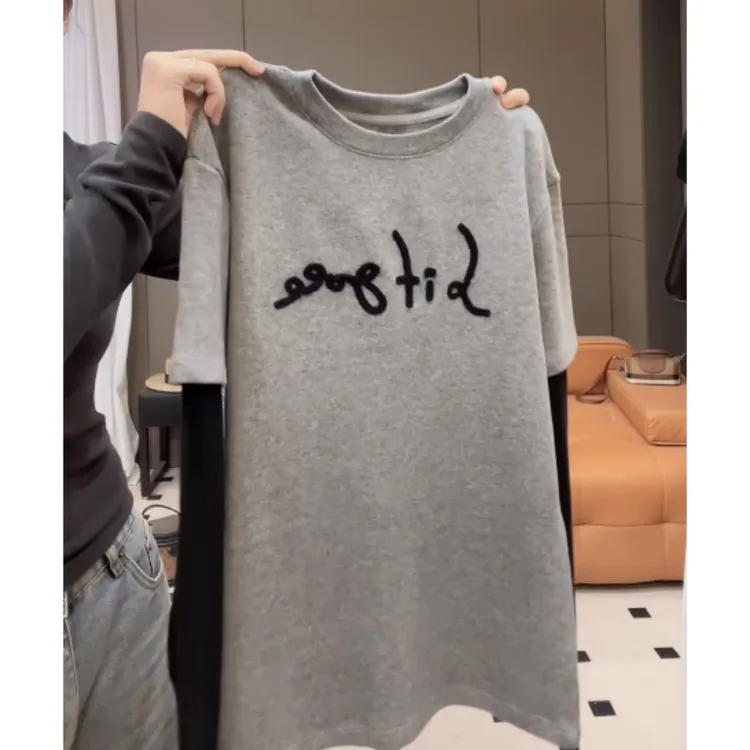 2025秋冬新款植绒字母刺绣拼接长袖假两件休闲女士T恤LK2508013