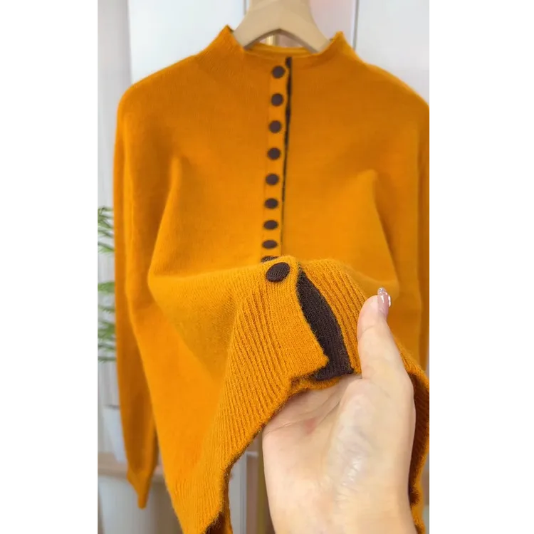 半高领长袖单排扣针织开衫女2025年秋冬新款橘色休闲显瘦毛衣上衣
