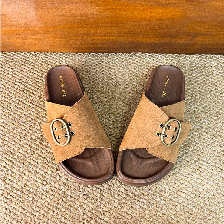 【软软】百搭博肯~复古2025新款外穿休闲软皮软底头层牛皮凉拖女鞋