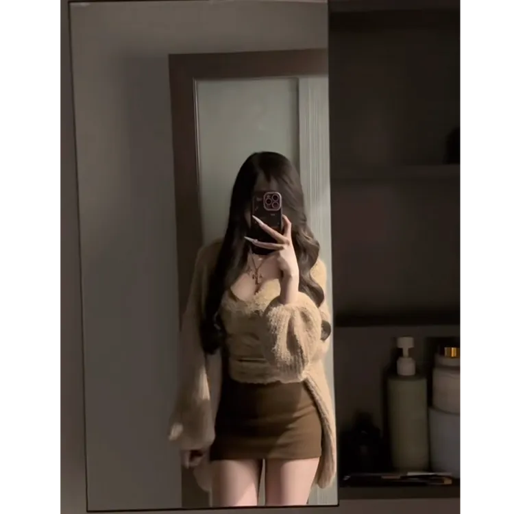 纯欲辣妹风针织毛衣开衫女蕾丝吊带短裙三件套装2025秋季新款