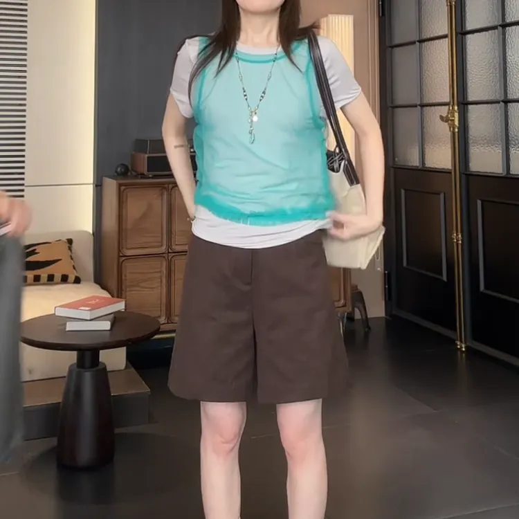 时尚休闲百搭显瘦网纱背心两件套短袖T恤+休闲裤LK2504341