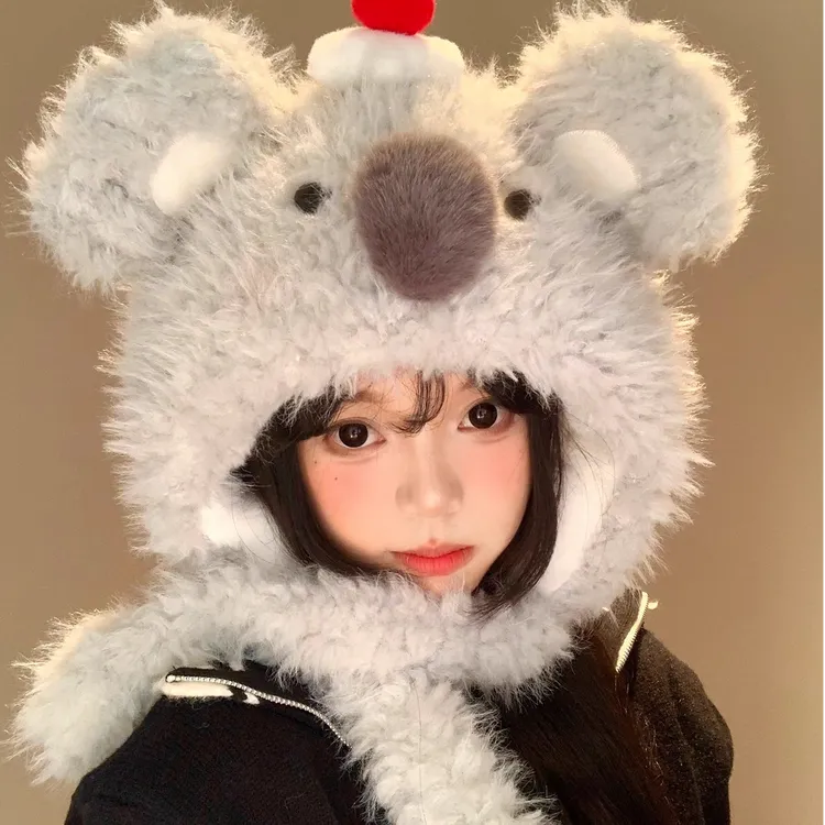 可爱蛋糕考拉毛绒帽女秋冬季显脸小加厚加绒保暖防寒护耳雷锋帽子
