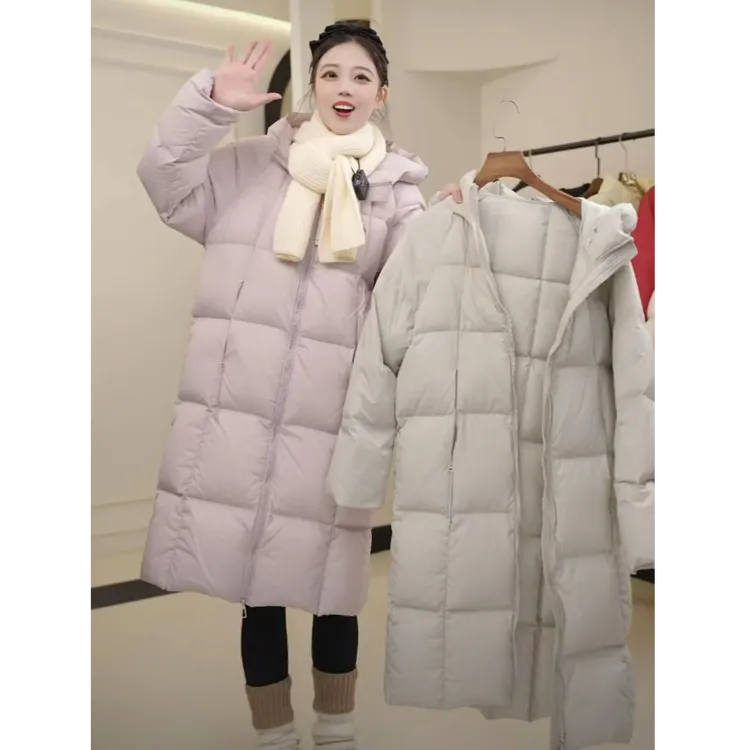 休闲连帽中长款羽绒服纯色贝贝长女装长款百搭宽松型时尚女士厚款