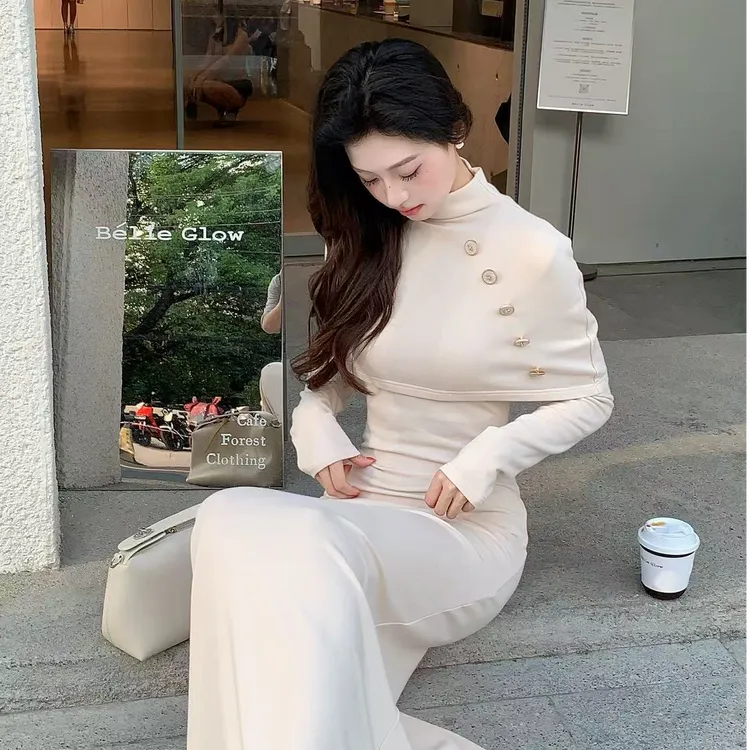 JulyGarden“锦时玉立”针织打底气质白色连衣裙披肩套装L250820