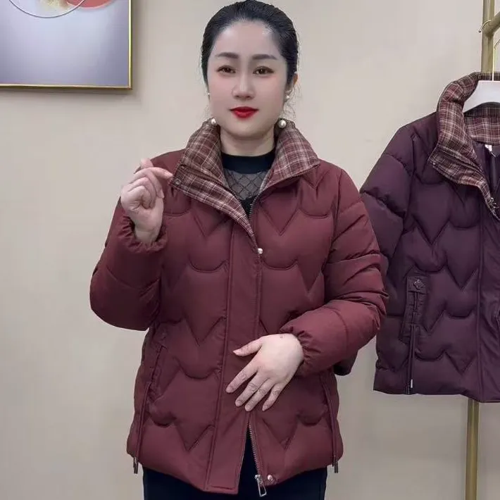 秋冬新款时尚洋气保暖显瘦妈妈装拼接格子领棉服外套5121款
