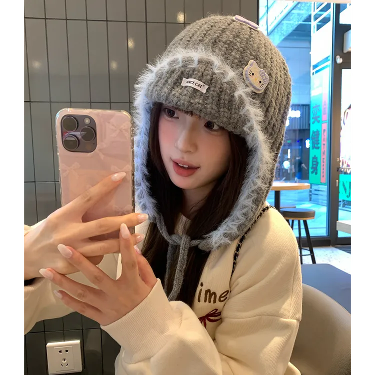 可爱卡通小猫护耳毛线帽子女秋冬季显脸小巴拉克拉法帽灰色针织帽