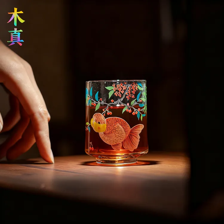 柿柿如意锦鲤杯清新玻璃绿茶杯耐高温透明品茗杯可爱小鱼女士
