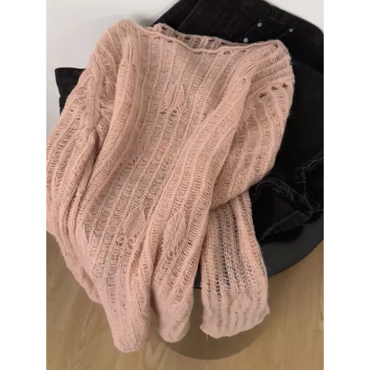 好看哭了！一眼迷上！温柔西柚粉针织衫女慵懒小众软糯镂空时髦上衣