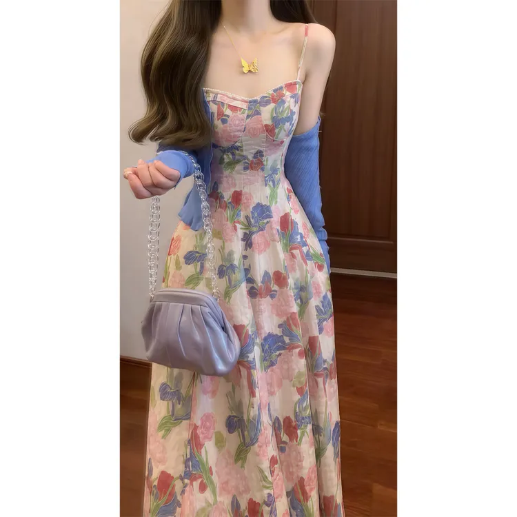 法式温柔绝美油画风吊带连衣裙度假风长裙&防晒空调开衫9682