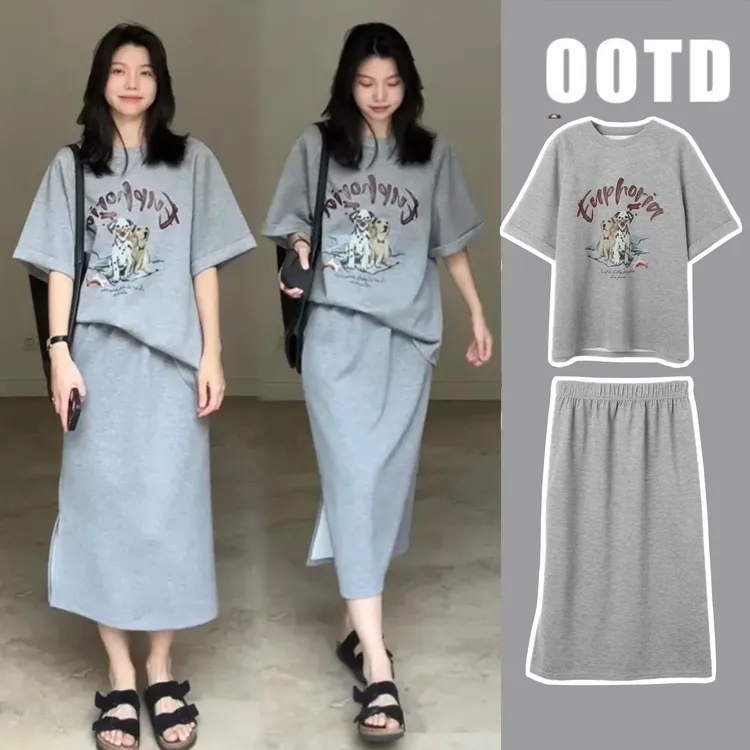 孕妇休闲半身裙套装夏季时尚时髦短袖T恤上衣半身裙运动两件套女