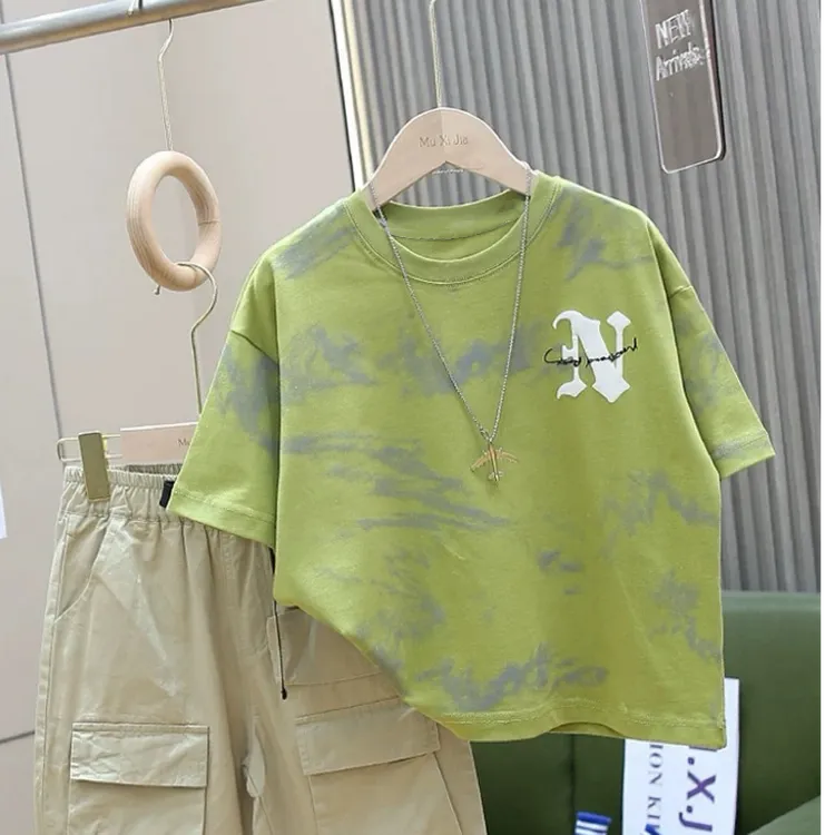 男童夏装纯棉短袖2025新款洋气潮款扎染网红衣服儿童夏装酷帅童装