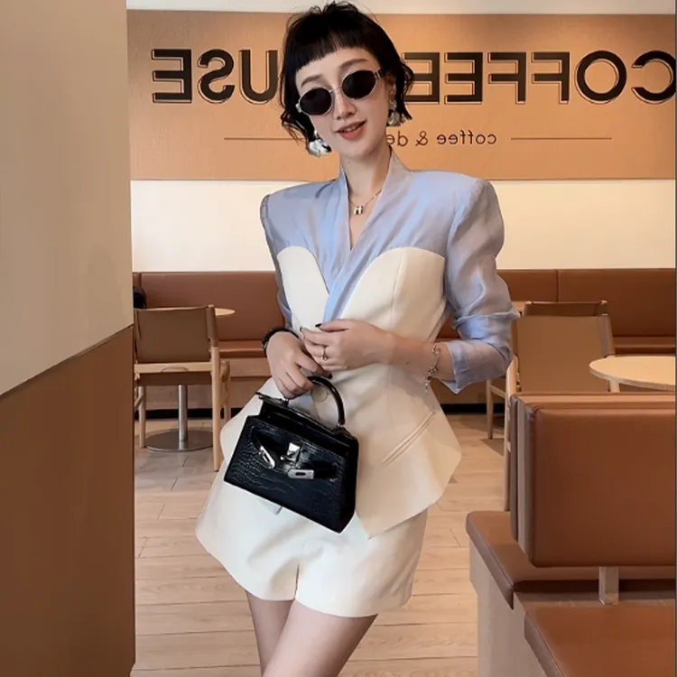 XIAOBAI 早秋拼接精简通勤西装套装法式百搭长袖100醋酸两件套女