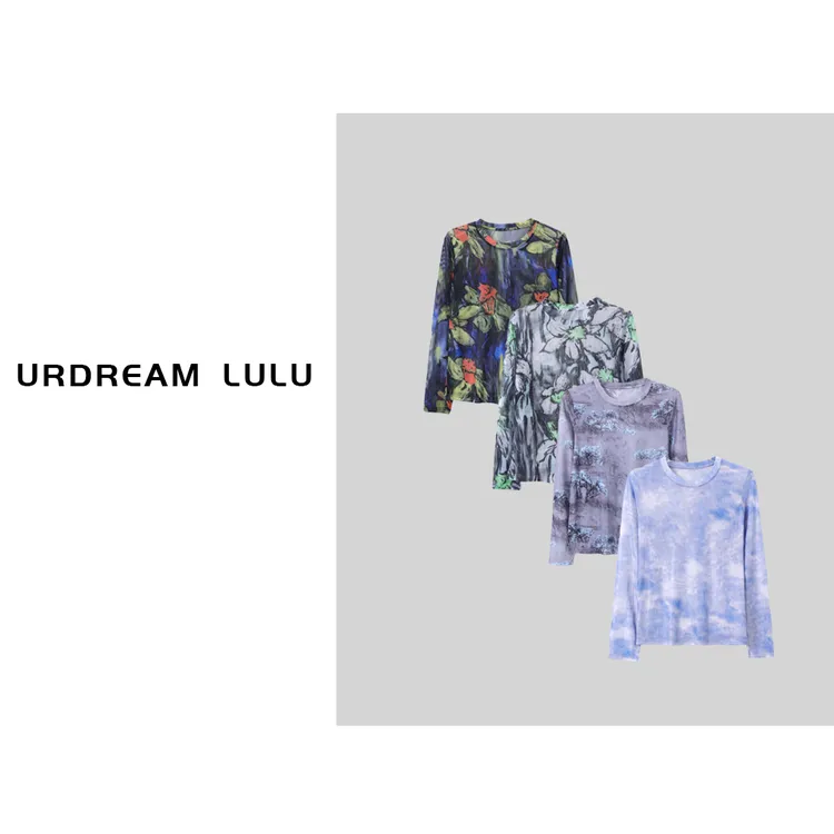 [恋恋画家] 夏复古网纱印花长袖女弹力撞色叠搭T恤-P6219