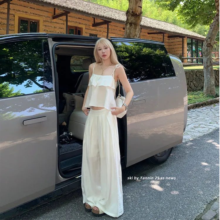 时尚套装女白色吊带背心夏季宽松阔腿裤休闲裤冷淡风高级感两件套