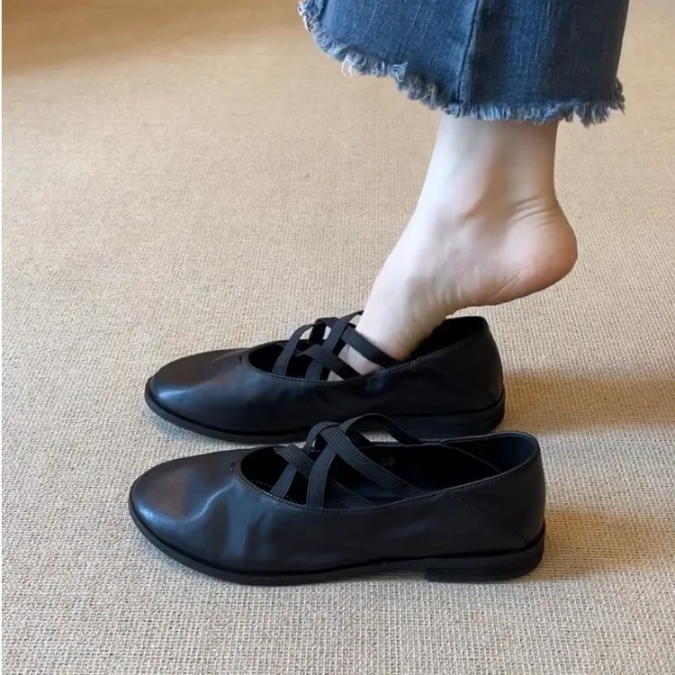 超软小牛皮~复古风圆头浅口交叉带单鞋女夏季舒适芭蕾软底平底鞋