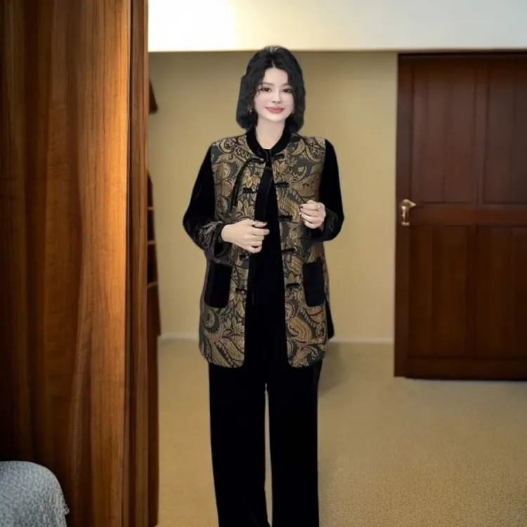 5080单件马甲唐装中长款提花秋季国风盘扣流苏坎肩中老年妈妈百搭