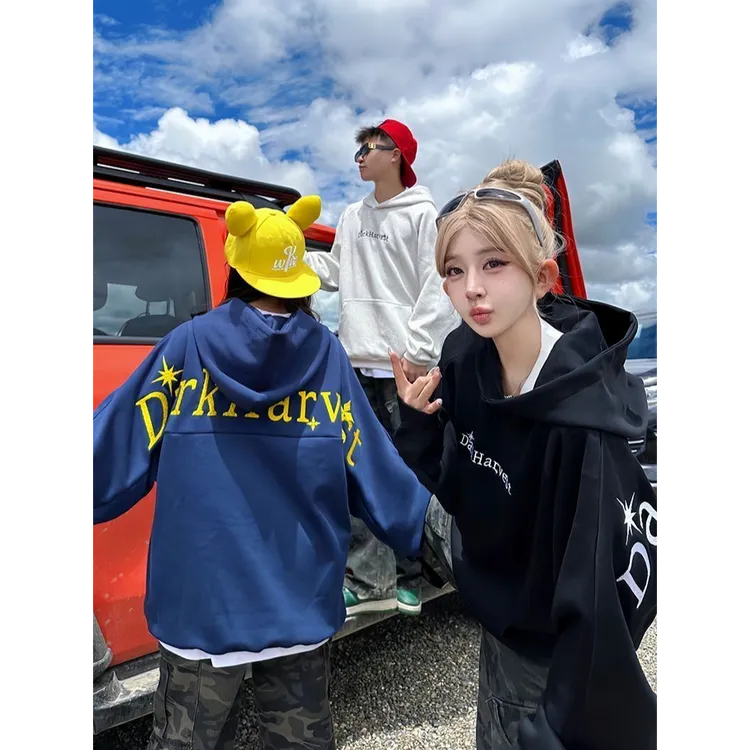 美式街头字母刺绣连帽卫衣时尚百搭设计感慵懒情侣款外套男女同款