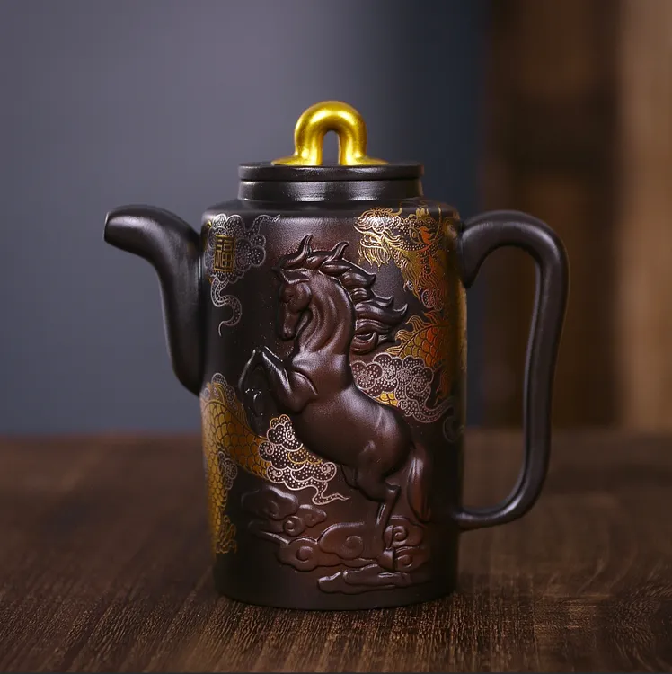紫陶烫金龙纹马到成功壶大容量家用中式泡茶壶复古大号紫砂壶