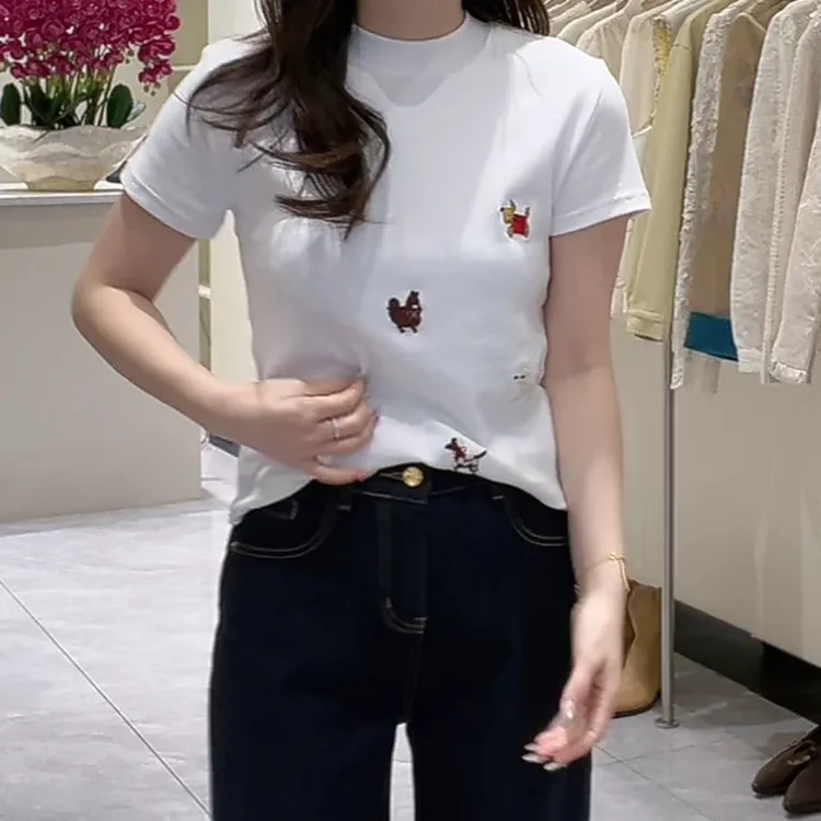 卡通刺绣正肩T恤短款上衣2025早春夏季新款时尚休闲圆领短袖体恤