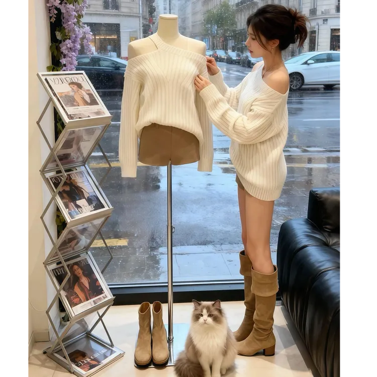 韩系早秋氛围感穿搭高级感巨好看慵懒松弛感白色露肩毛衣短裤套装