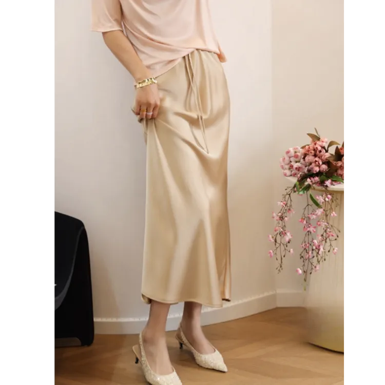 【松紧腰+运费险+口袋】缎面半身裙女中长款夏季抽绳后开叉裙子