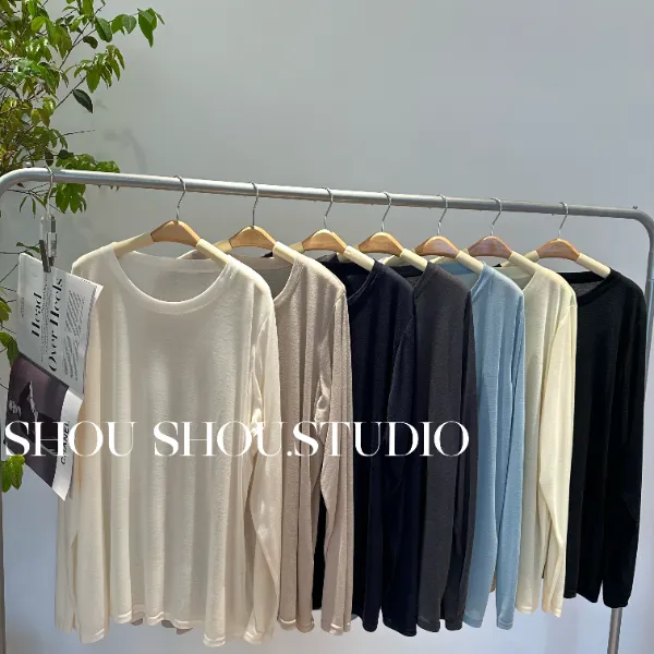 【瘦瘦】大码夏季圆领带正肩薄款纯色百搭宽松显瘦防晒长袖S01593