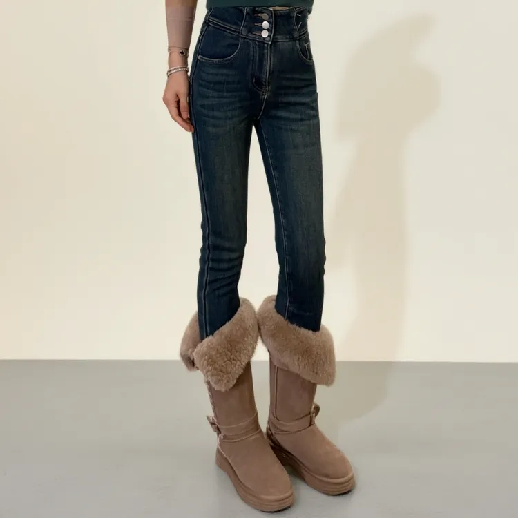 宿慕SUMU修身显瘦加绒小脚牛仔裤女2025新款冬季蓝色小脚裤33097