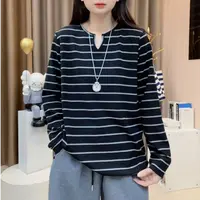 2025秋季新款韩版休闲圆领上衣宽松条纹长袖中长款打底衫女B230