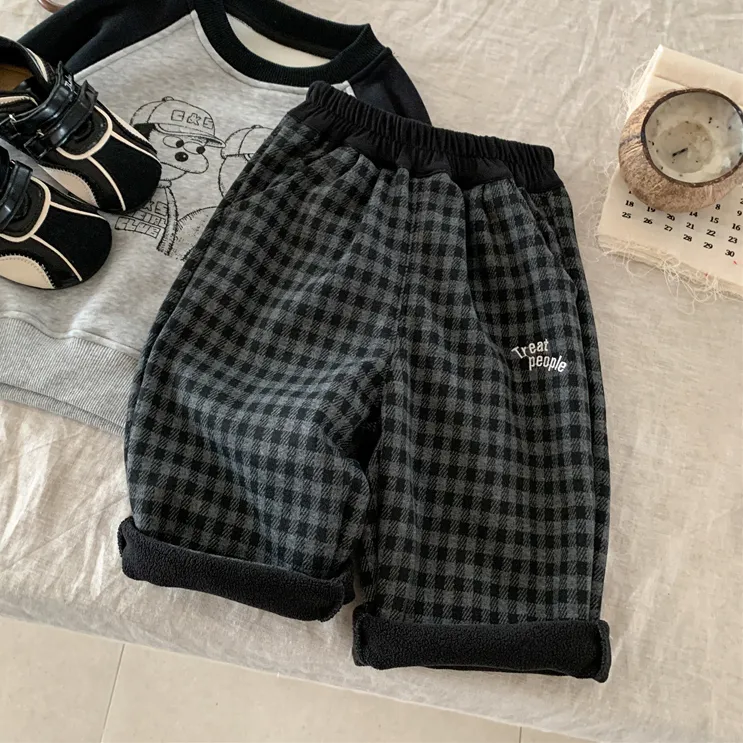 儿童冬季加绒格子休闲裤2025新款男女童韩版百搭长裤柔软宝宝卫裤