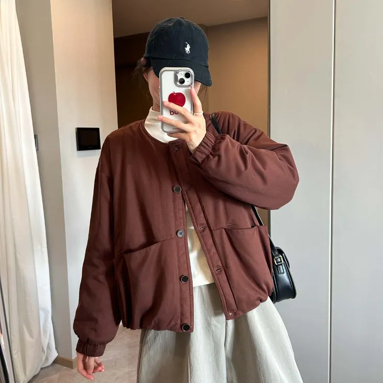 「花苞设计 加厚棉服」冬季休闲复古简约轻便无领保暖棉衣外套H638