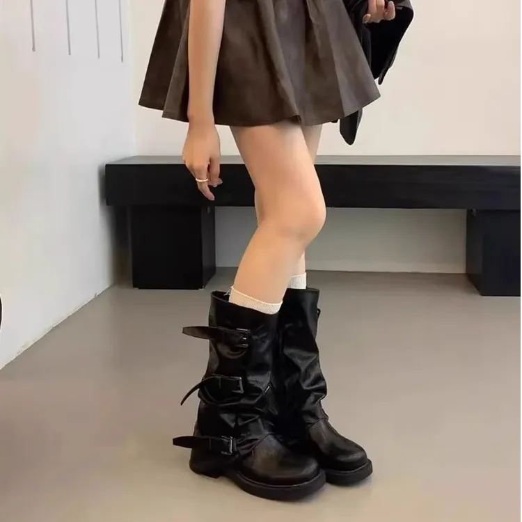 复古厚底中筒靴西部牛仔堆堆裤管靴骑士靴夏季马丁靴子女2025新款