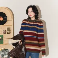 PENNYPENG 虹 复古宽松拉毛拉绒彩条拼色圆领羊毛羊绒套头衫毛衣