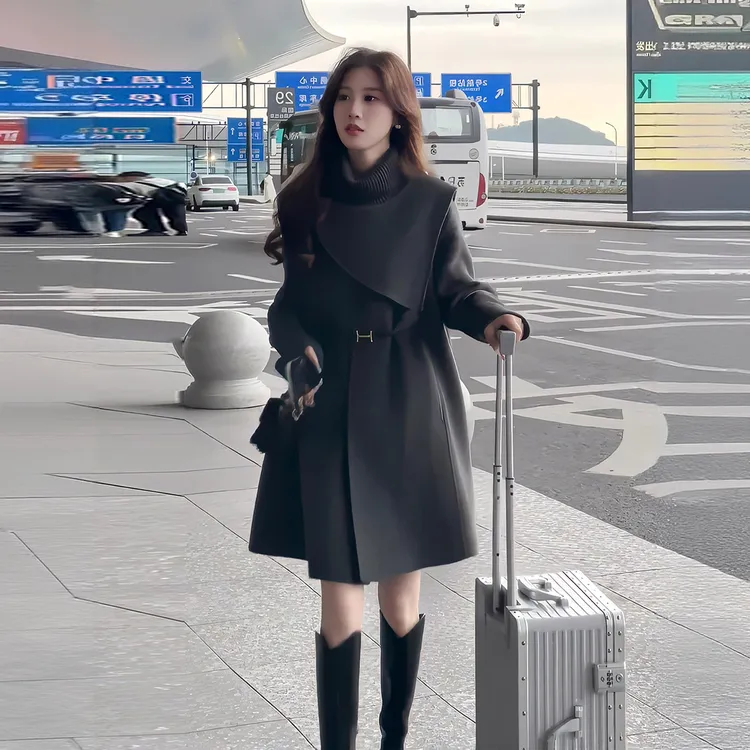 拉夏贝尔灰色中长款外套2025秋冬英伦风高领长袖收腰显瘦大衣