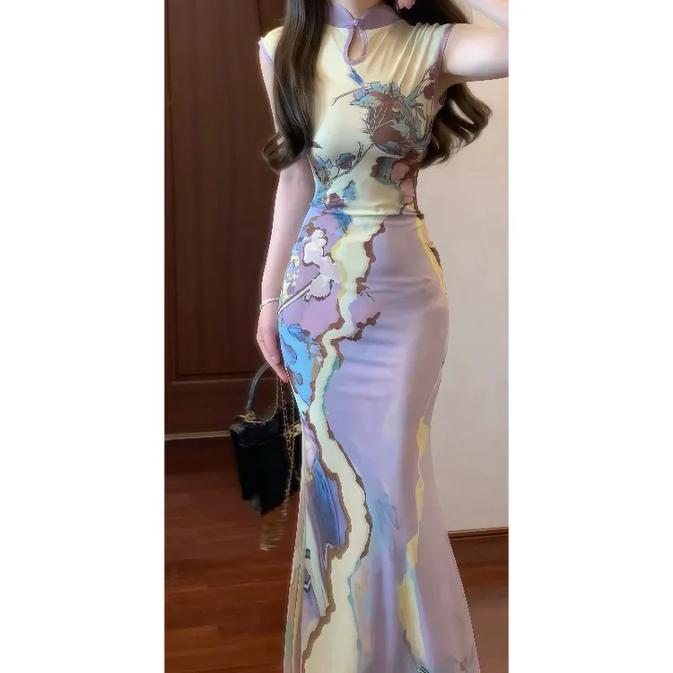 前后两穿新中式国风紫色独特绝美改良旗袍连衣裙收腰显瘦长裙9416