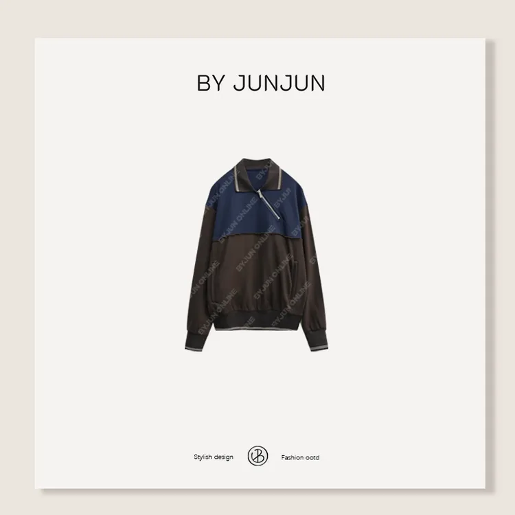 ByJunjun【缪秀款】高品纱线拼色斜拉链polo衫秋季女装
