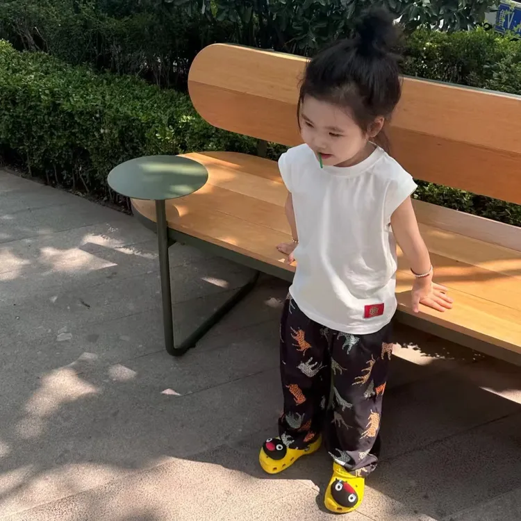 小思家女童套装2025夏季韩版百搭休闲圆领短袖上衣可爱卡通阔腿裤