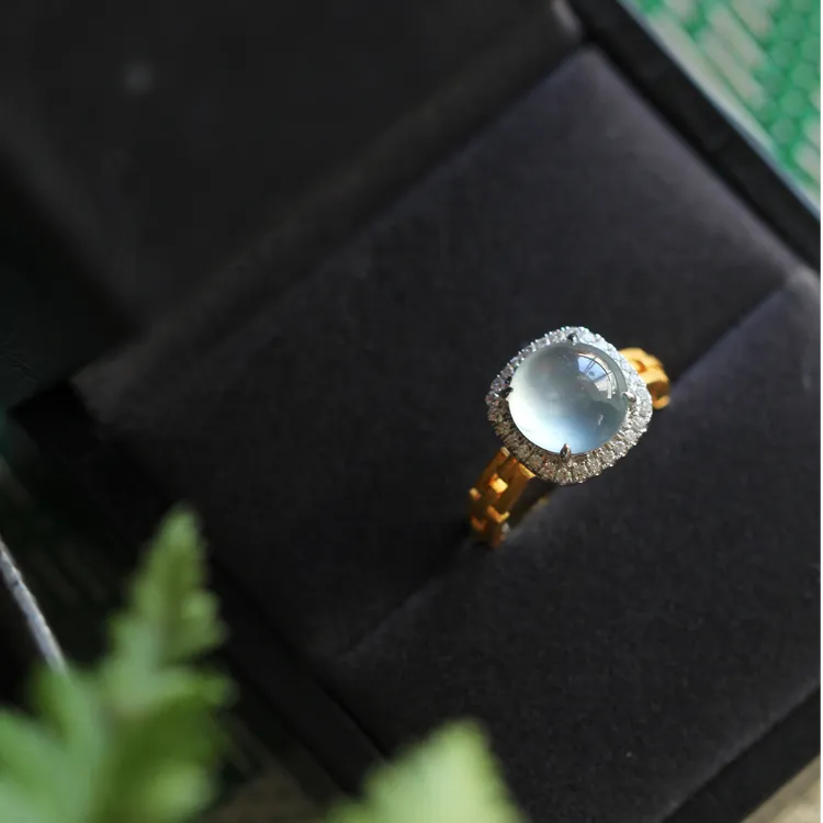 山肆月光白 高冰翡翠18k金戒指