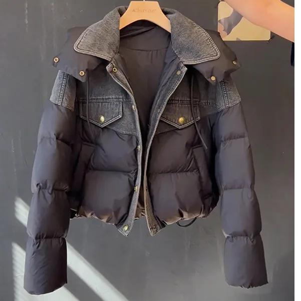 冬季韩系小个子保暖黑色牛仔拼接羽绒棉衣棉服外套韩版新款棉袄女