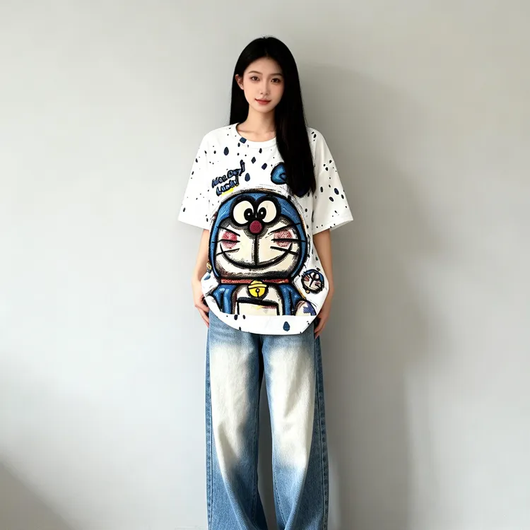 短款女Oversize风印花哆啦短袖T恤时尚休闲小众炸街高级感女装