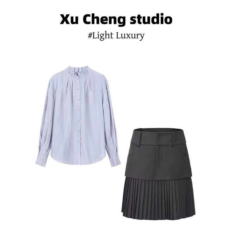 Xu Cheng宽松衬衫灯笼长袖衬衣韩系学院风立领拼接百褶半身裙短裙