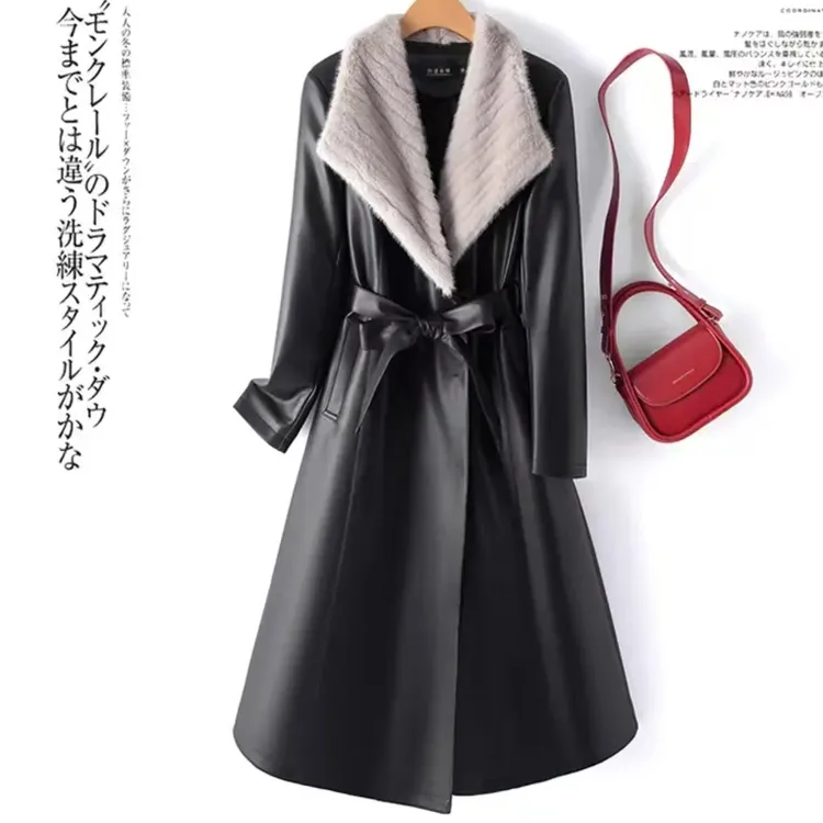 冬季新款海宁女士中长款韩版修身时尚过年加绒加厚皮衣外套8355