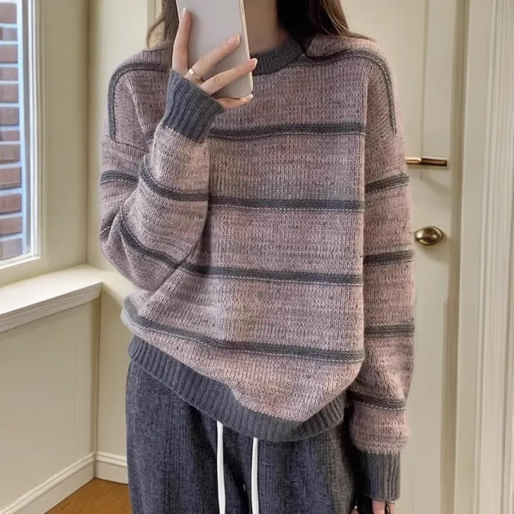 撞色条纹毛衣针织衫女欧货秋冬新款保暖打底圆领套头长袖复古上衣