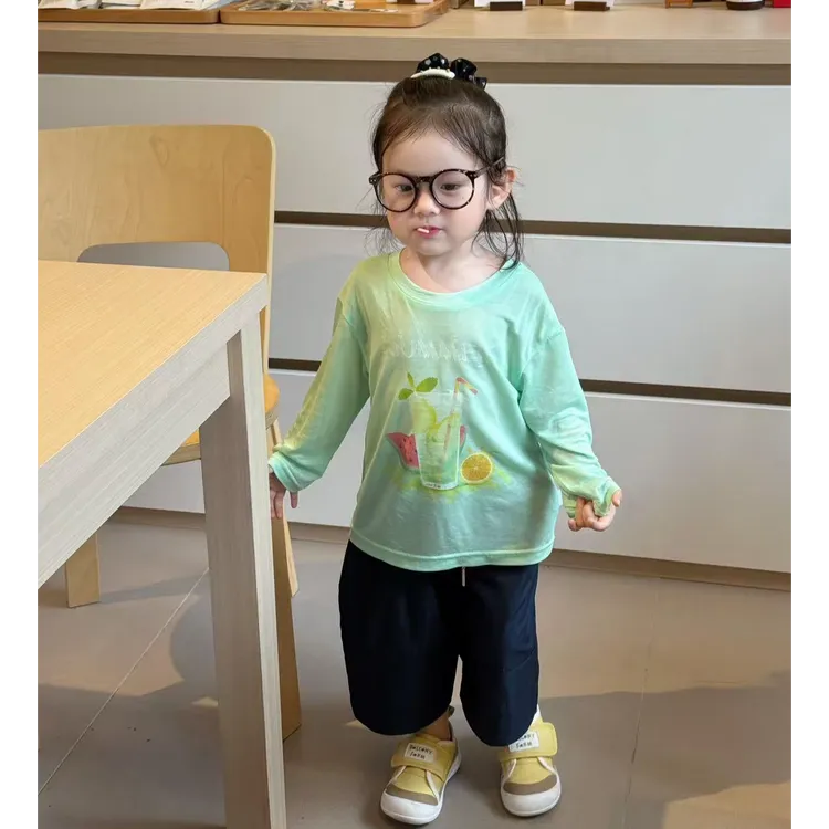 小思家女童2025秋季洋气韩版印花长袖上衣T恤休闲宽松阔腿裤套装