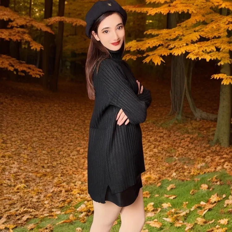 20冬季半高领包袖针织毛针织衫高龄中长款百搭秋冬宽松