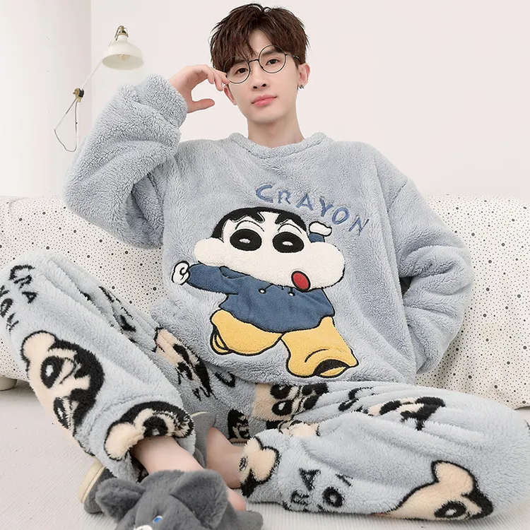 个性爆款睡衣秋冬款加厚珊瑚绒蜡笔小新保暖长毛绒情侣家居服套装