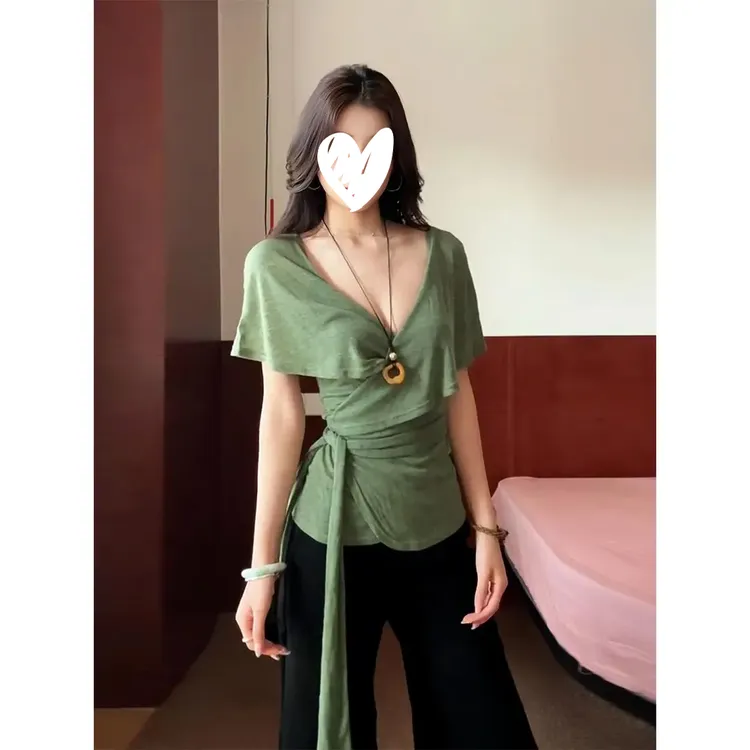 AA清纯系松弛感t恤女夏季2025年新款交叉绑带短袖显白显瘦上衣ins