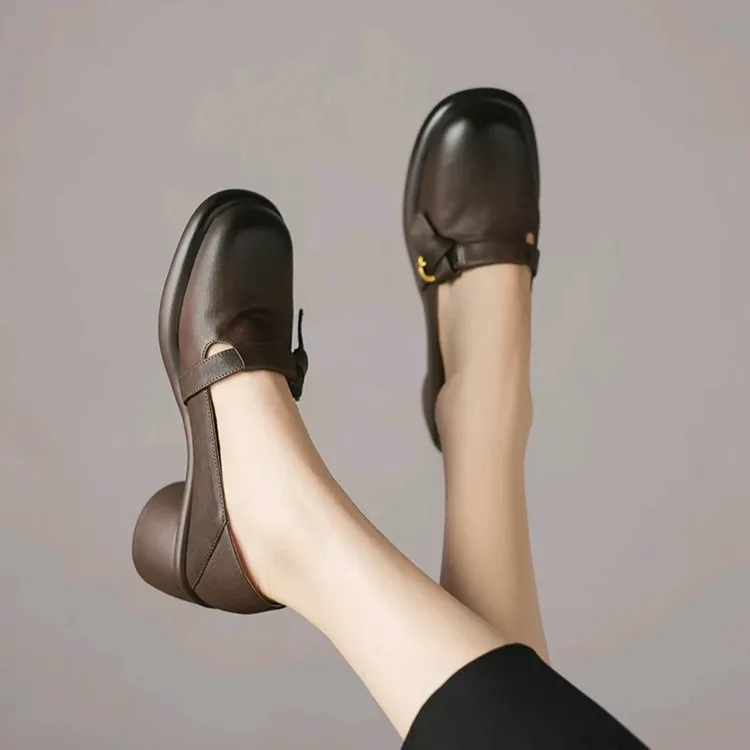 羊皮/5CM/真皮软底复古粗跟厚底英伦风玛丽珍单鞋一脚蹬乐福鞋