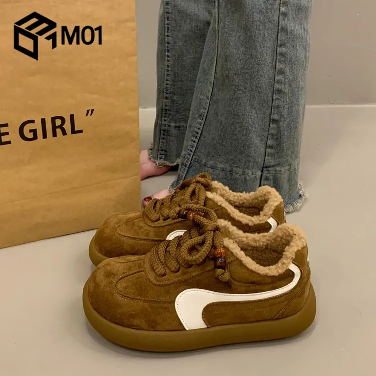 M01爆款百搭小众厚底板鞋女加绒2025新款秋冬季运动休闲面包鞋
